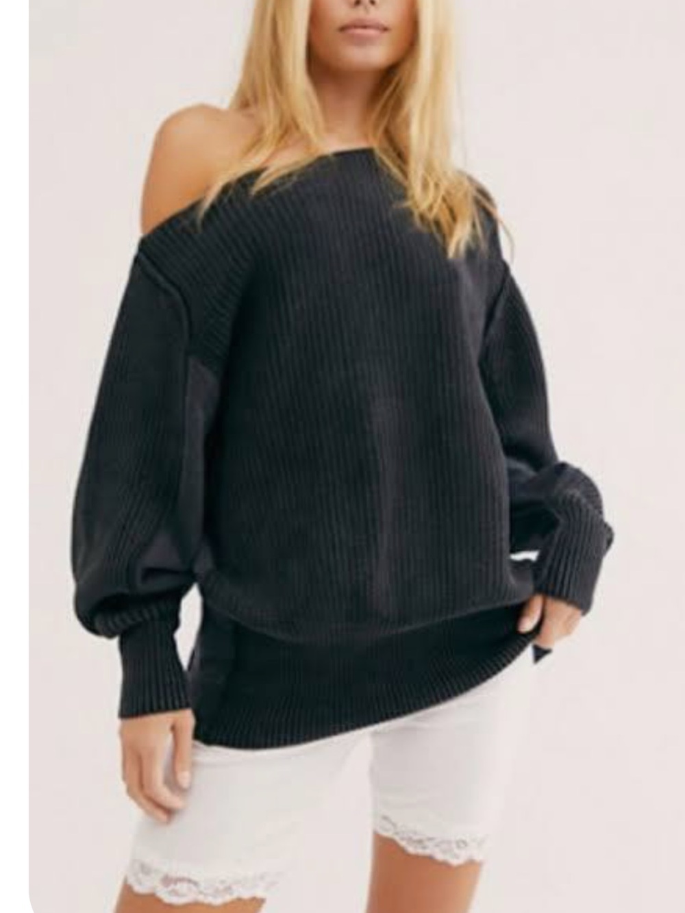 Free People “ Worn Thru “ oversized pullover Off-the-Shoulder black sweater